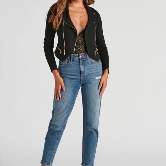 NWT Windsor Framed Cropped Moto Biker Knit Dress Jacket Womens M. Black Stretchy - Picture 13 of 14